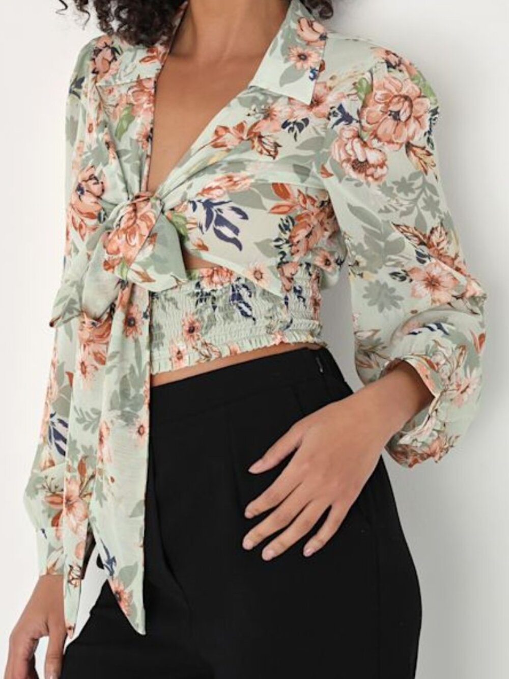 Lulus Precisely Perfect Sage Green Floral Tie-front Long Sleeve Top - Size XS